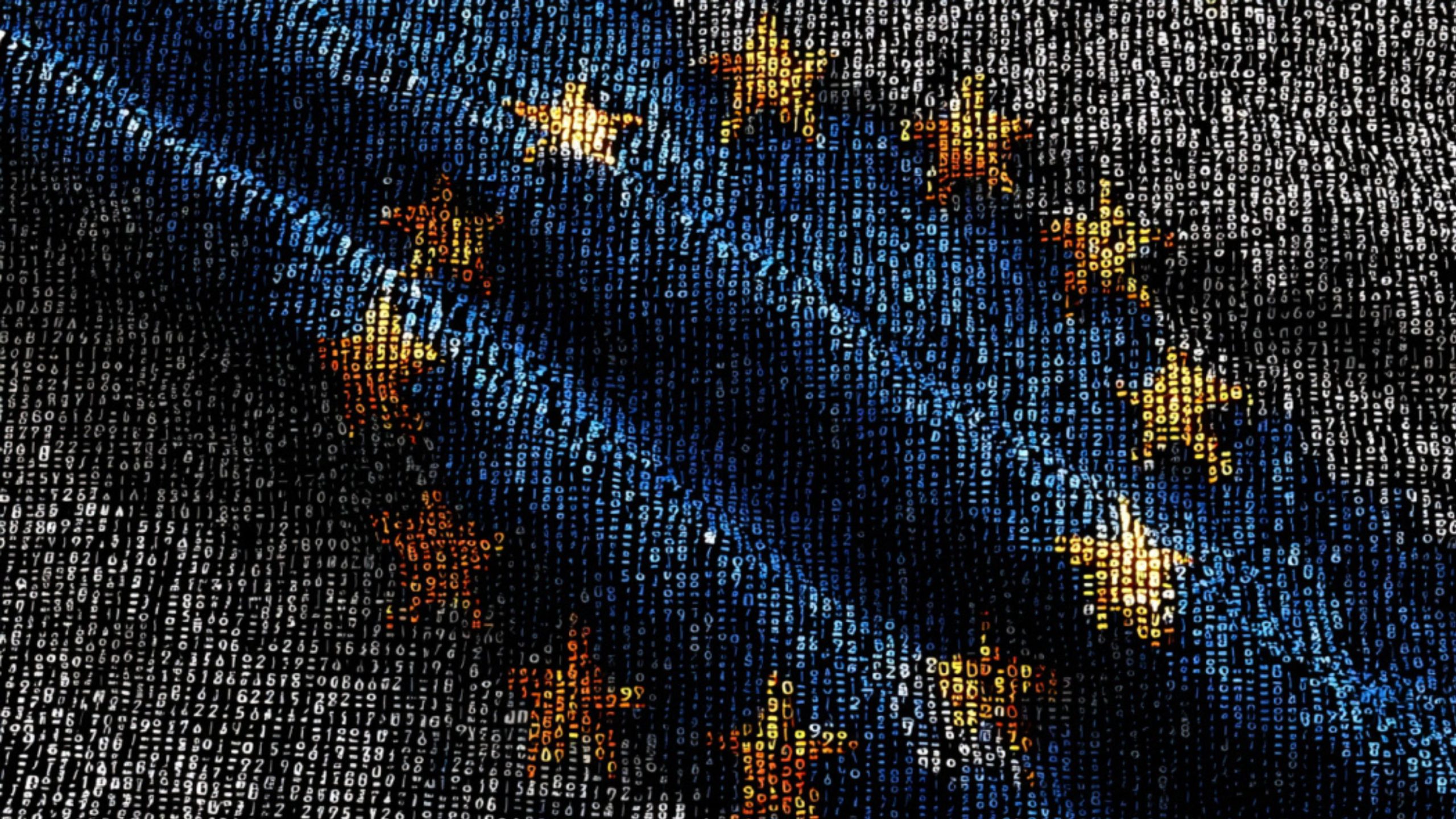 Blue and black digital globe made of vertical rows of binary and numeric code with yellow stars suggesting the EU flag