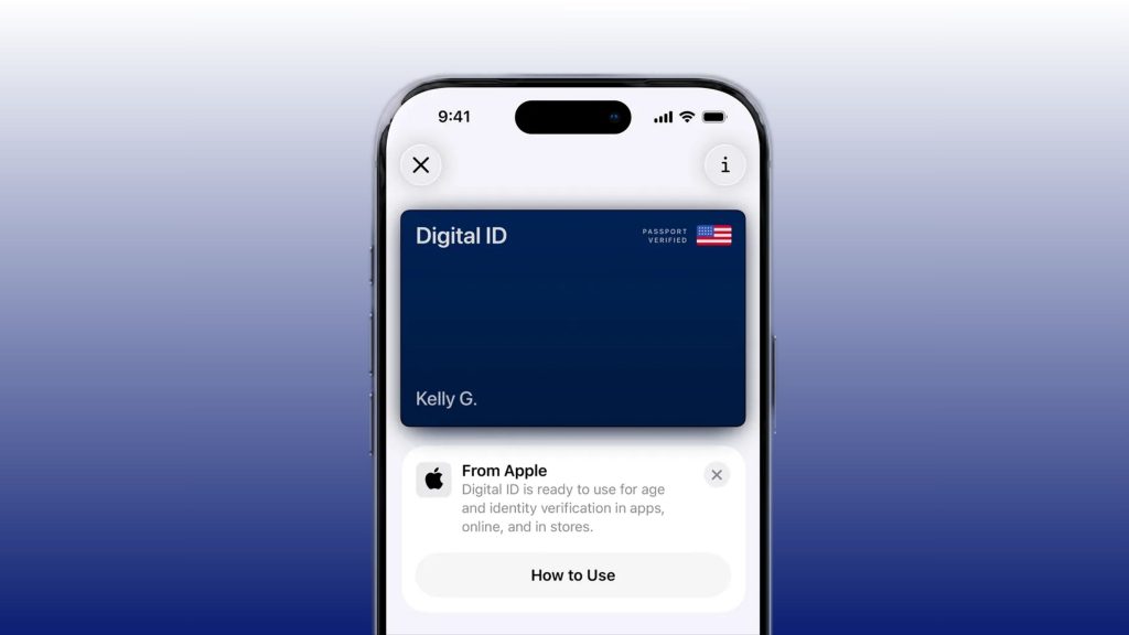Smartphone screen showing a blue "Digital ID" card labeled "Kelly G." with a small US flag and passport verified badge.