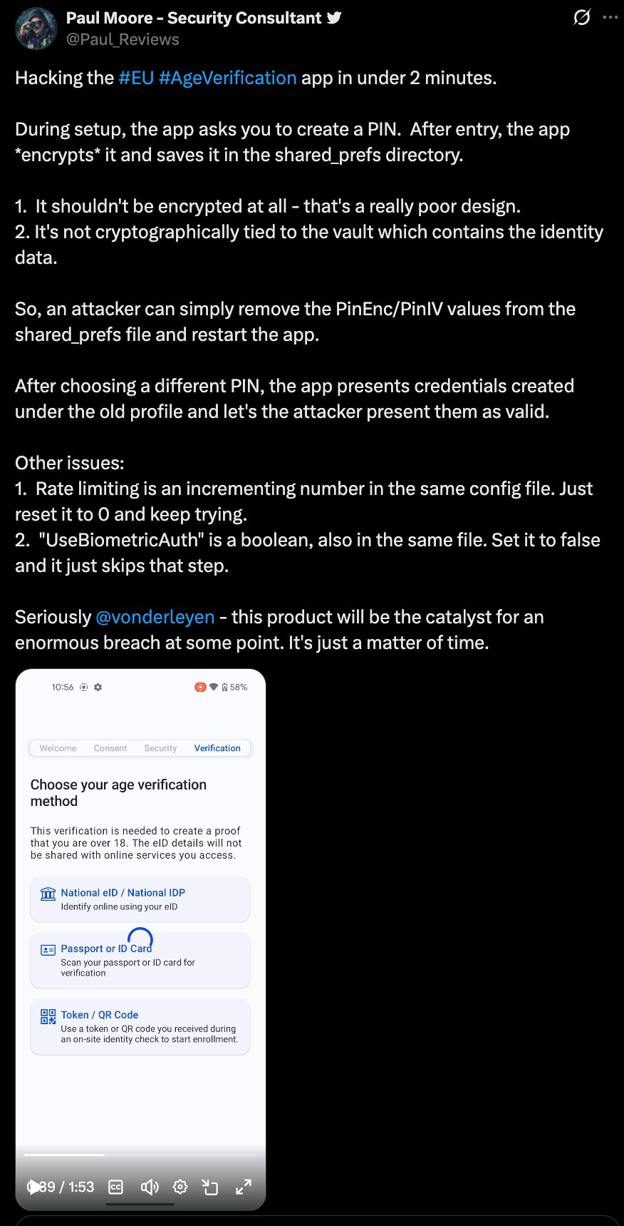 Tweet screenshot from Paul Moore describing security flaws in an EU age verification app, with a phone mockup showing verification options.