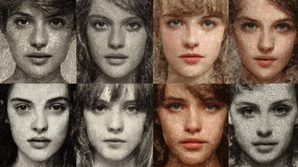 Eight close-up portraits of young women arranged in a 4x2 grid, each rendered with a triangular mosaic and sketch-like texture, some in color and some in grayscale.