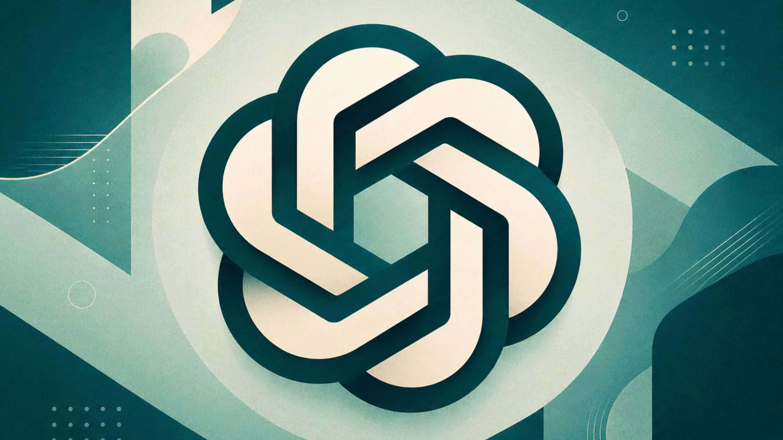 Interlocking teal and cream geometric loops forming a stylized knot-like emblem on an abstract teal background
