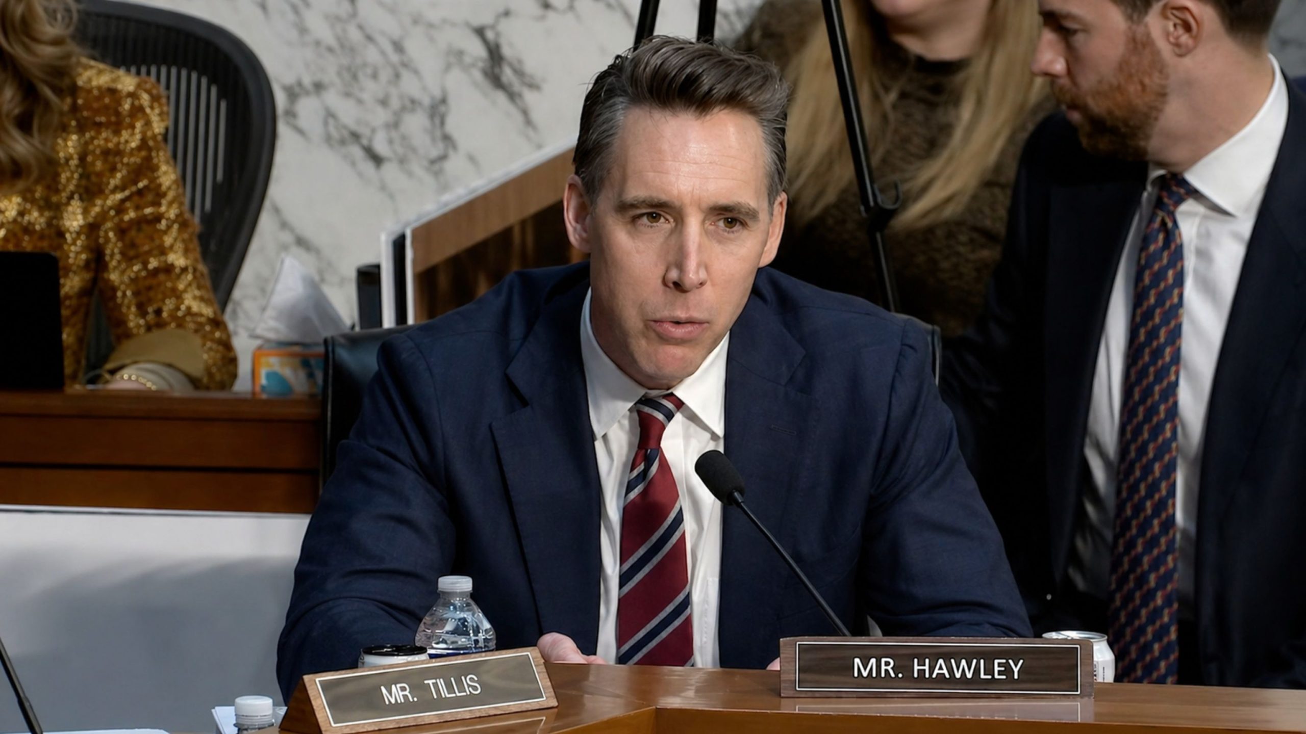 Hawley in a suit and striped tie speaking into a microphone at a hearing table with a nameplate reading "Mr. Hawley."