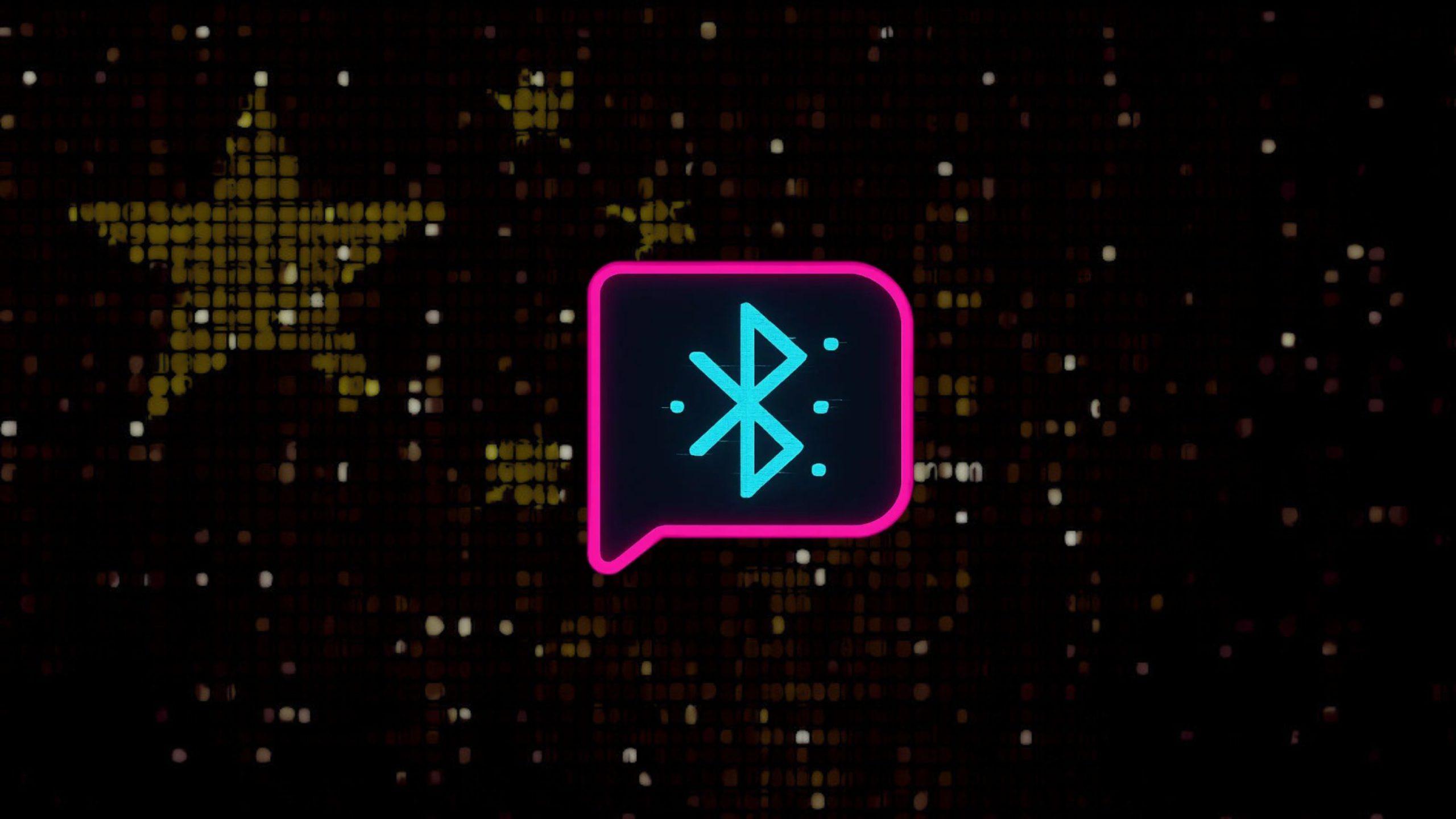 Neon pink speech-bubble with a glowing blue Bluetooth symbol centered on a dark dotted background with faint yellow star shapes
