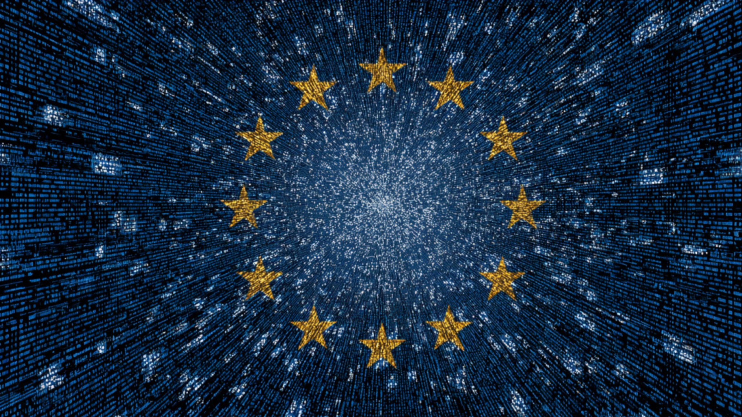 Circle of twelve yellow stars over a blue digital matrix background with radiating light and data lines