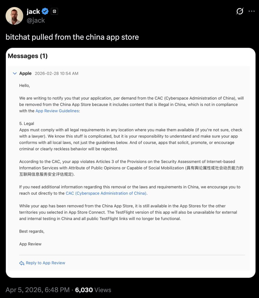 Screenshot of a social media post showing a message from Apple stating an app was removed from the China App Store per CAC request for violating local laws, with details about legal compliance and TestFlight unavailability.