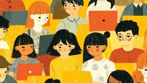 Colorful illustrated crowd of students seated with laptops, showing varied hairstyles, clothes, and expressions.