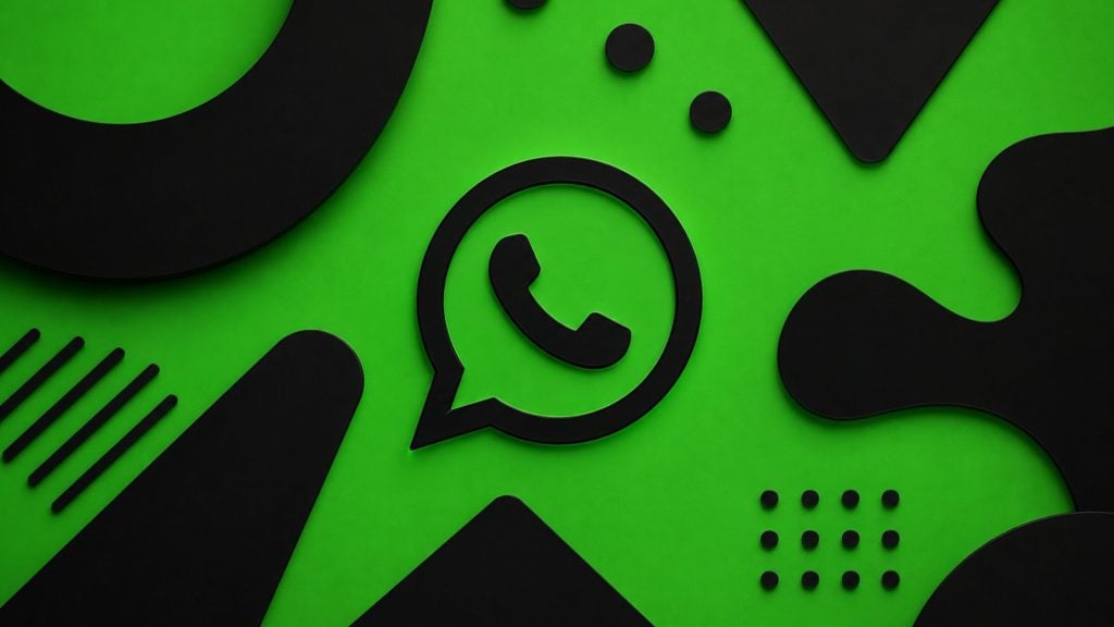 Black WhatsApp logo and abstract black shapes on a vivid green background.