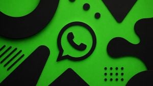 Black WhatsApp logo and abstract black shapes on a vivid green background.