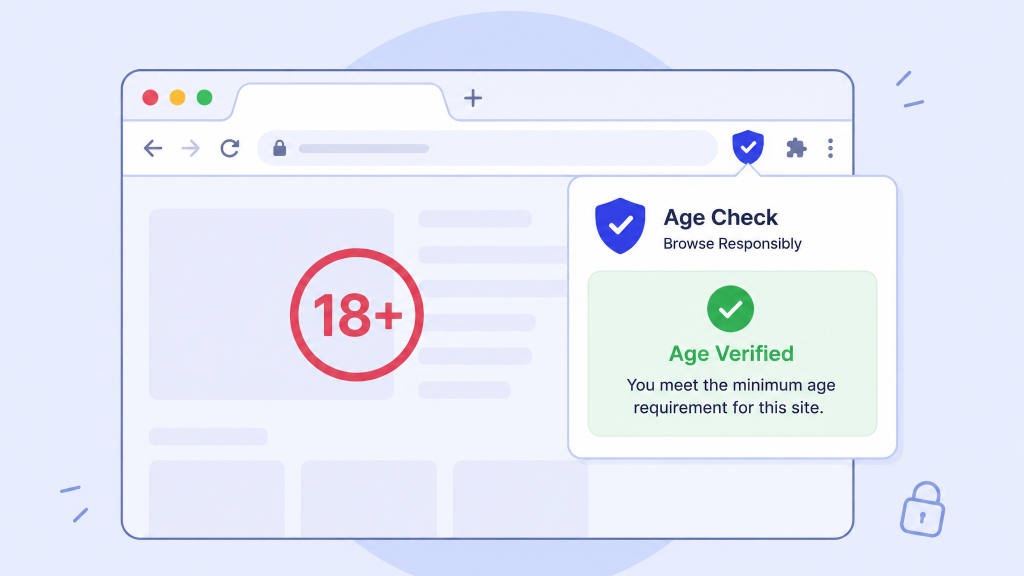 Browser window illustration showing an 18+ age badge and a pop-up card reading Age Check and Age Verified with a green checkmark