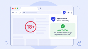 Browser window illustration showing an 18+ age badge and a pop-up card reading Age Check and Age Verified with a green checkmark
