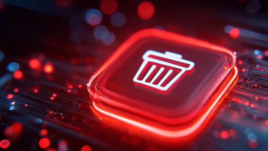 Glowing red digital trash can icon on a circuit board with bokeh lights and neon highlights