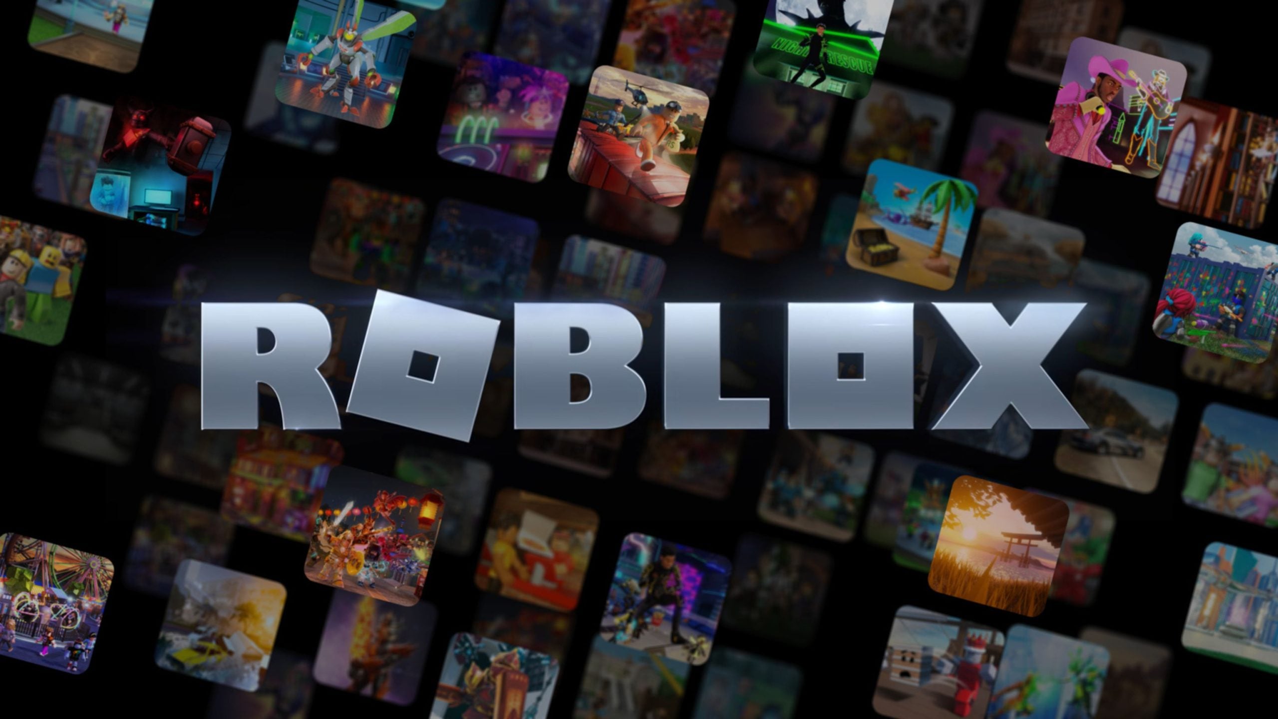 Large metallic "ROBLOX" logo centered against a black background with many small rounded-square game thumbnails floating behind it.