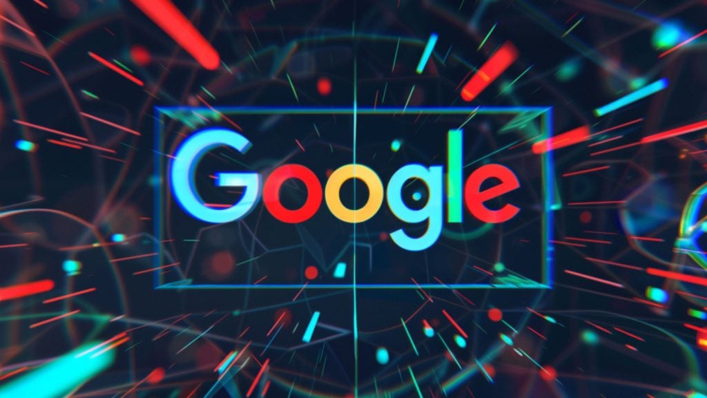 Google logo in bright red, blue, yellow, and green centered on a dark, neon-lit background with streaking light trails and geometric shapes