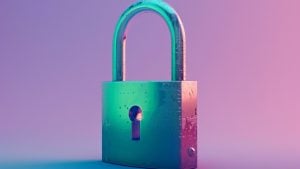 Vintage-style padlock with teal and pink gradient lighting against a soft purple background.