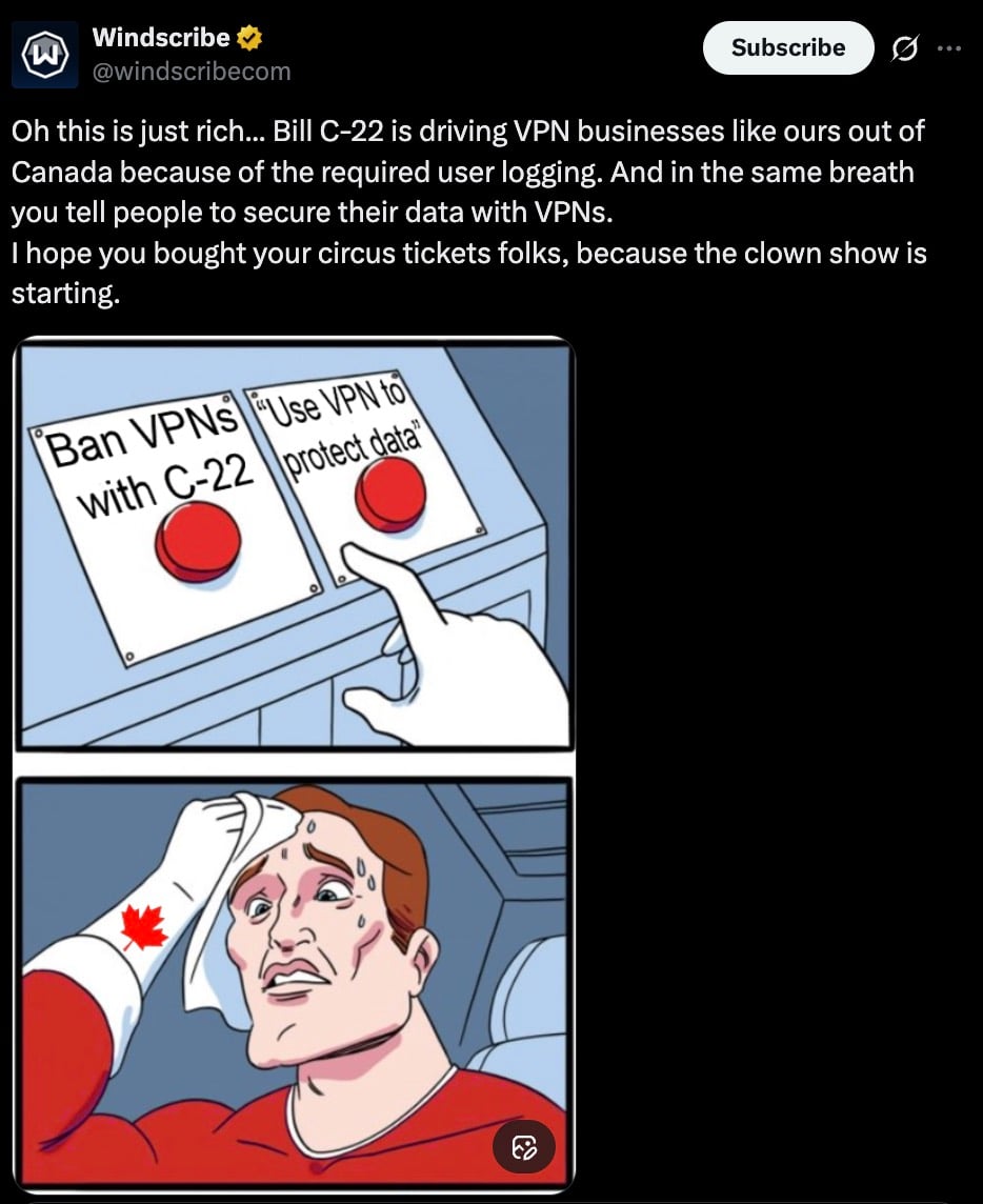 Two-panel meme: hand choosing between buttons labeled "Ban VPNs with C-22" and "Use VPN to protect data", sweating Canadian superhero.