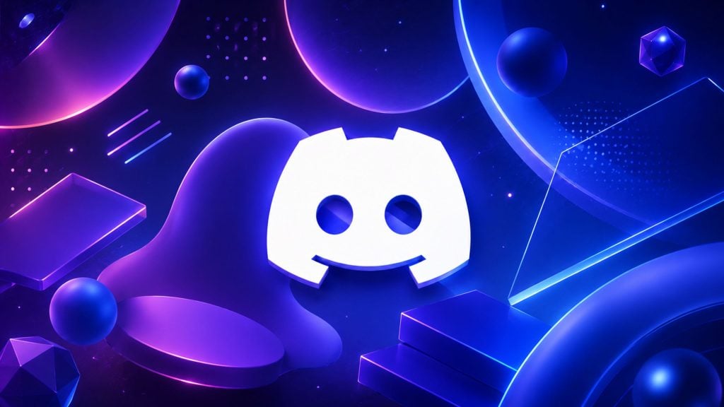 White Discord logo centered over a glowing purple and blue abstract background with floating geometric shapes.