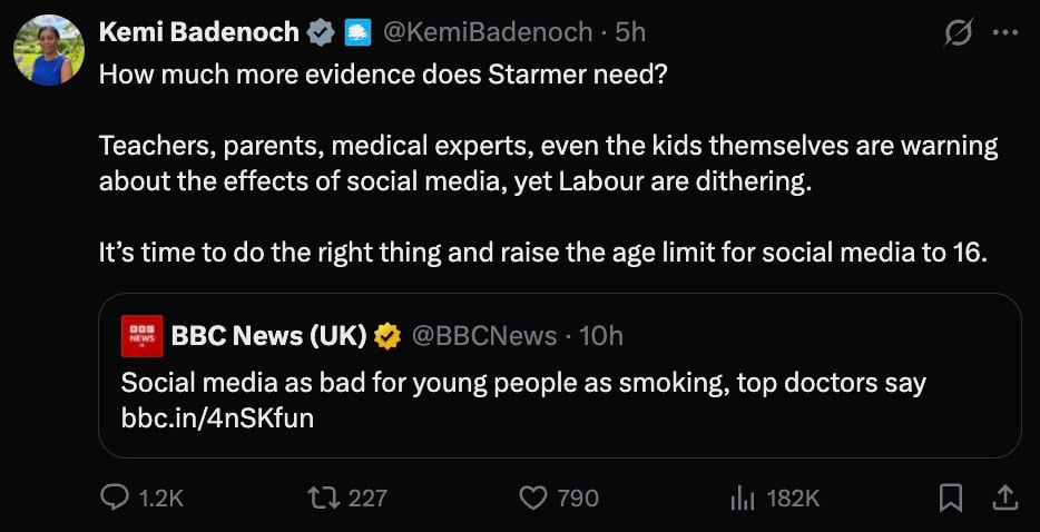 Tweet text calling for raising social media age limit to 16, quoting a BBC News link saying "Social media as bad for young people as smoking, top doctors say."