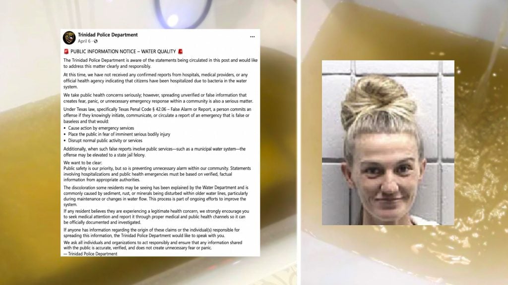 Left: a police department water quality notice text; right: a mugshot of a woman with blond hair in a bun over a background of brownish tap water.