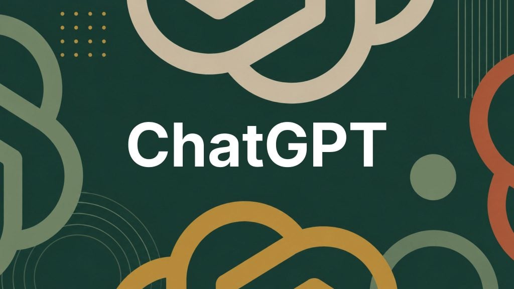 ChatGPT logo text centered on a dark green background with overlapping abstract circular shapes in beige, mustard, sage, and rust colors