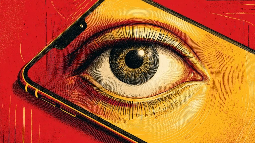 Close-up stylized illustration of a human eye framed by a smartphone outline in red, yellow, and black engraving-style lines
