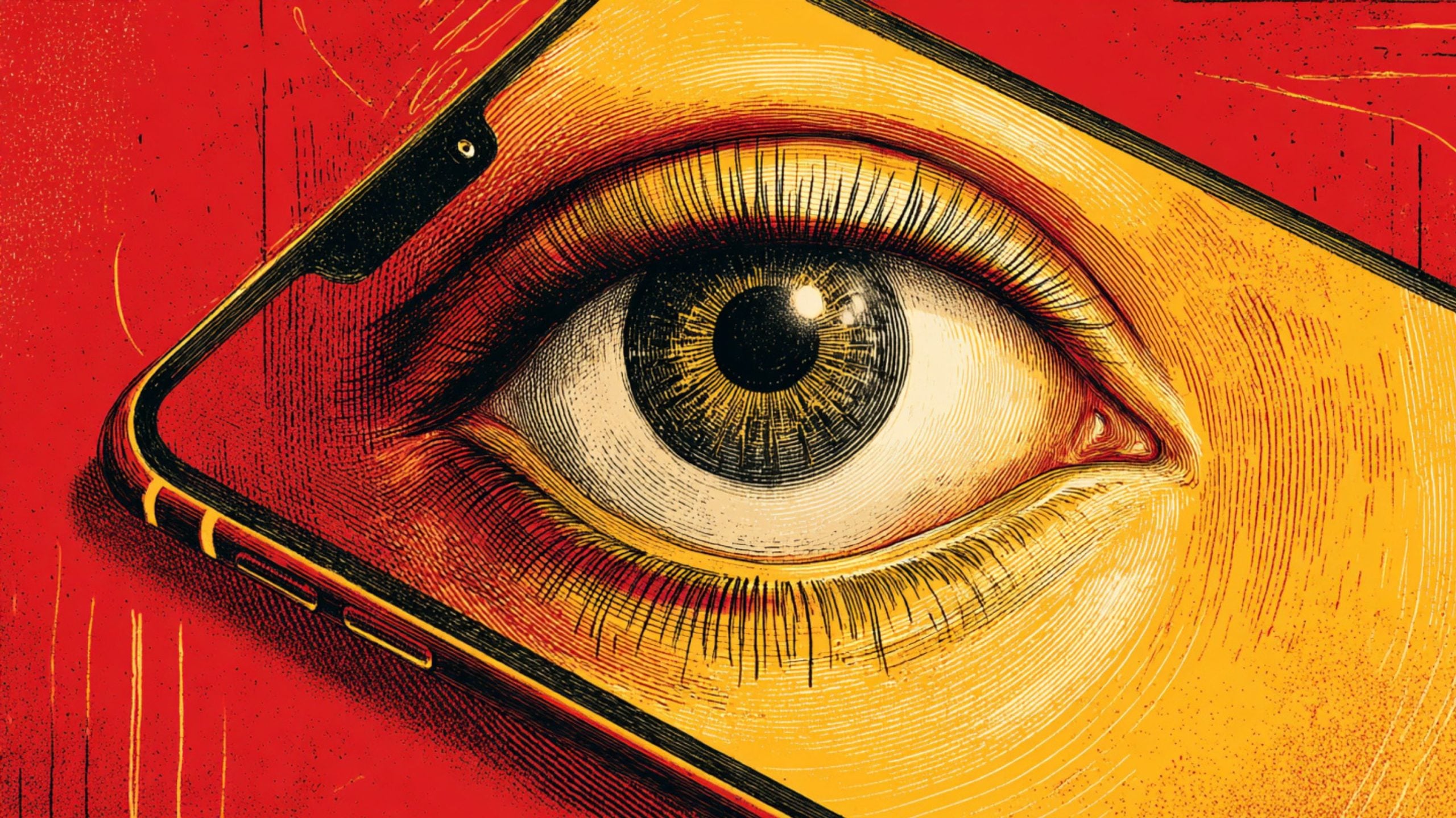 Close-up stylized illustration of a human eye framed by a smartphone outline in red, yellow, and black engraving-style lines
