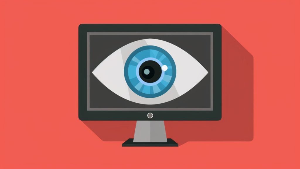 Flat illustration of a computer monitor displaying a large blue eye centered on a coral background.