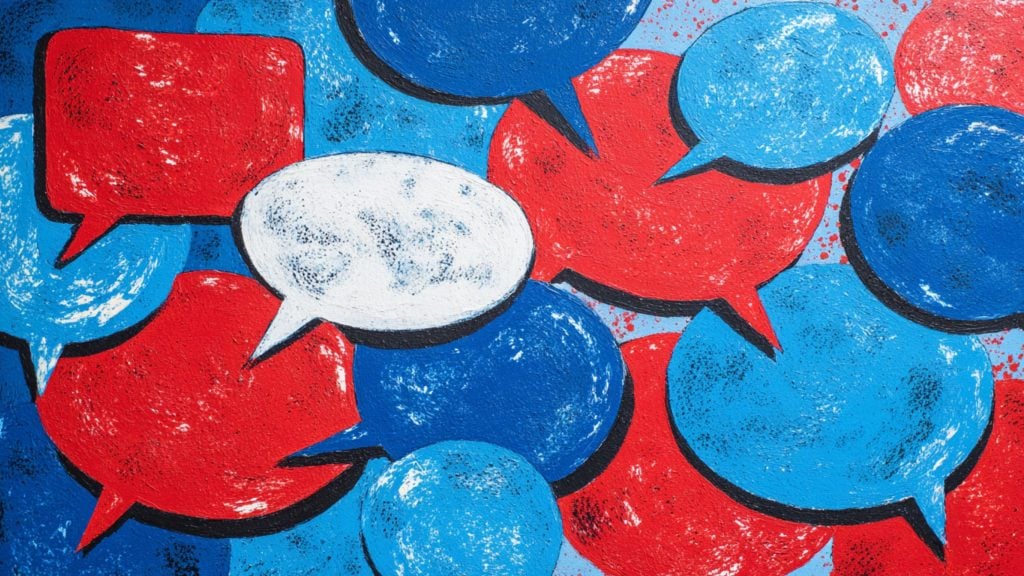 Overlapping red, blue, and white speech bubbles painted with textured, worn brush strokes on a blue background