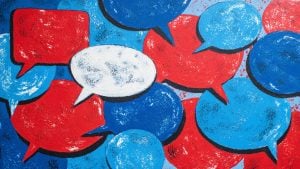 Overlapping red, blue, and white speech bubbles painted with textured, worn brush strokes on a blue background