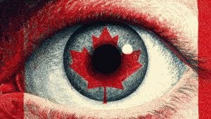 Close-up of a stylized eye with a red maple leaf reflected in the iris and a red, stippled texture around the eyelids.