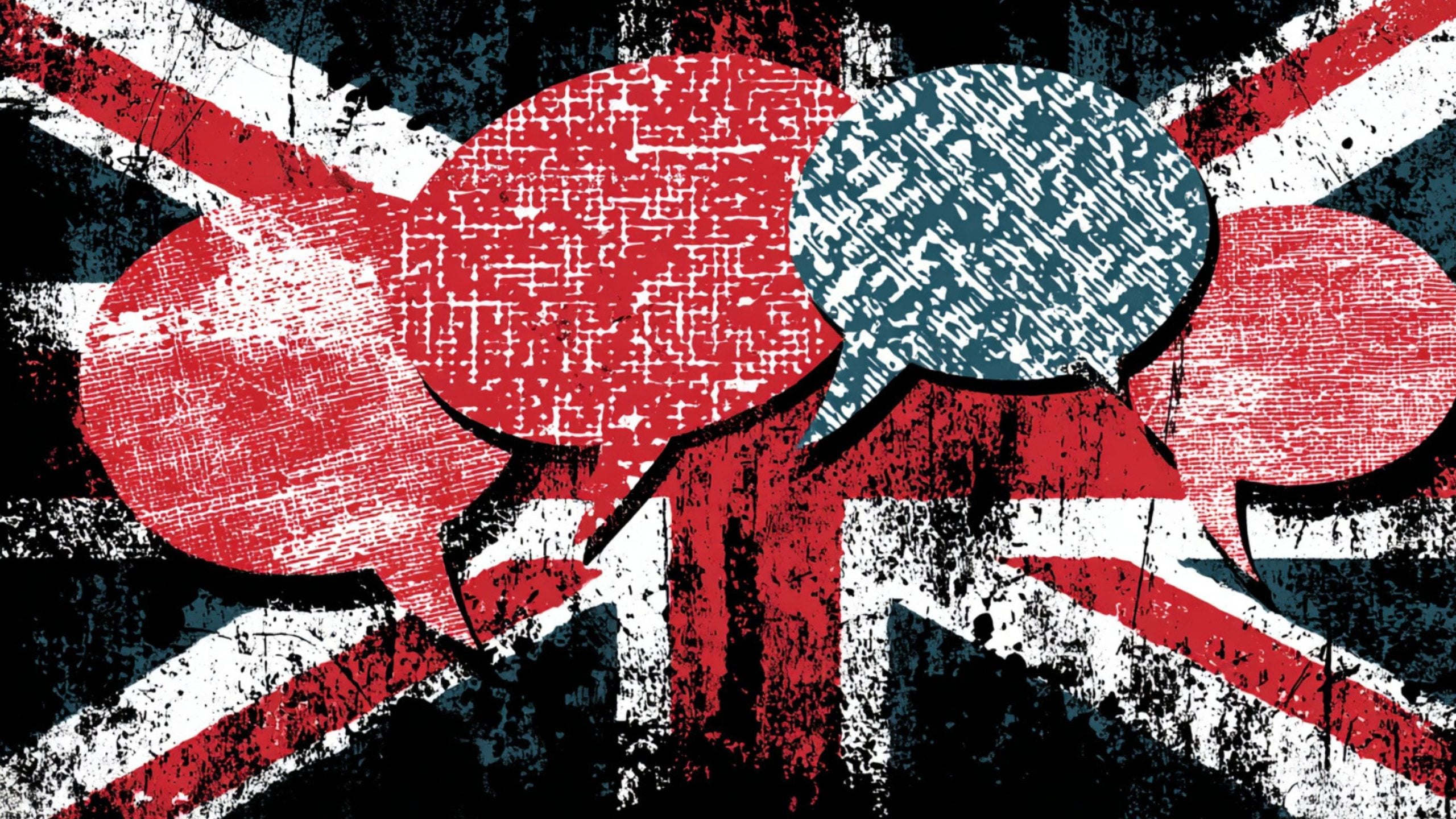 Grungy Union Jack background with overlapping textured speech bubbles in red and blue, worn paint and scratch marks
