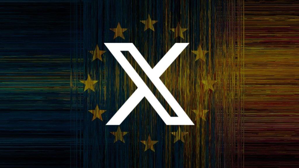 Bold white stylized "X" logo centered over a dark, vertically streaked European Union flag with yellow stars and multicolored glitch-like lines.