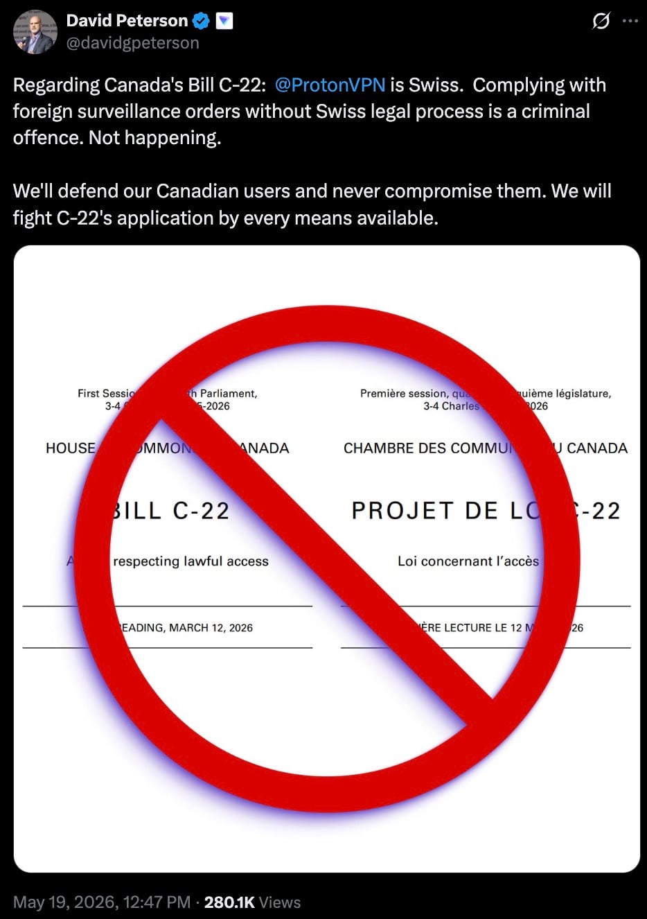 Tweet screenshot by David Peterson saying ProtonVPN will oppose Canada's Bill C-22, overlaid with large red "no" symbol on bill pages