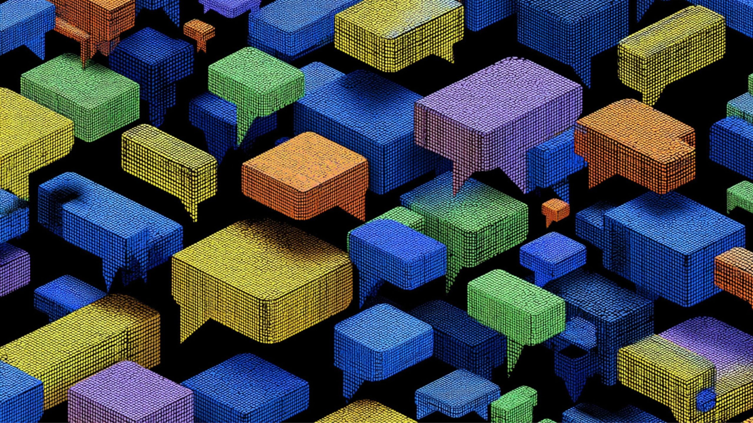 Colorful 3D speech bubbles made of small textured cubes floating against a black background.