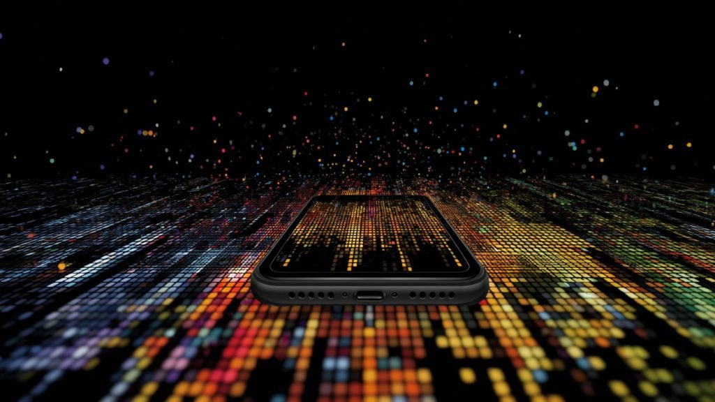 Smartphone edge in foreground with colorful pixelated light grid and floating multicolored bokeh dots receding into black background
