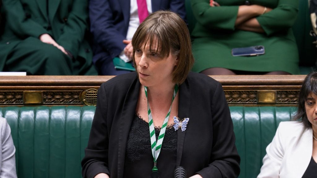 Phillips with short brown hair wearing a black blazer and green-striped lanyard speaking while seated on green leather bench in a formal chamber.