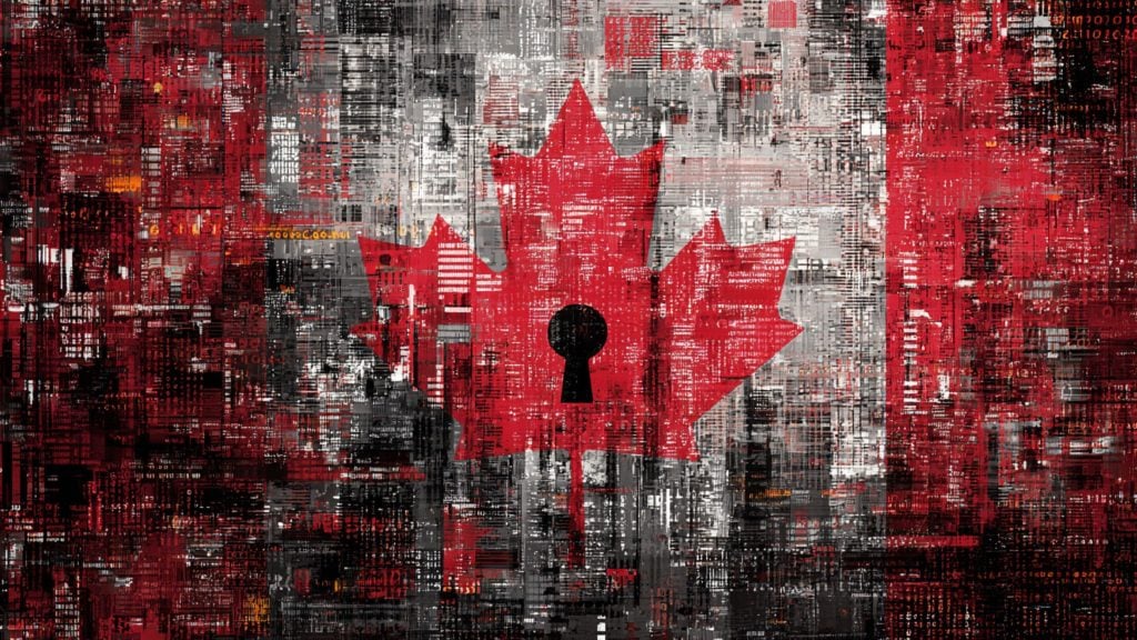 Abstract textured Canadian flag with a red maple leaf at center featuring a black keyhole over a red, gray and black digital-style background