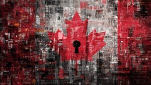 Abstract textured Canadian flag with a red maple leaf at center featuring a black keyhole over a red, gray and black digital-style background