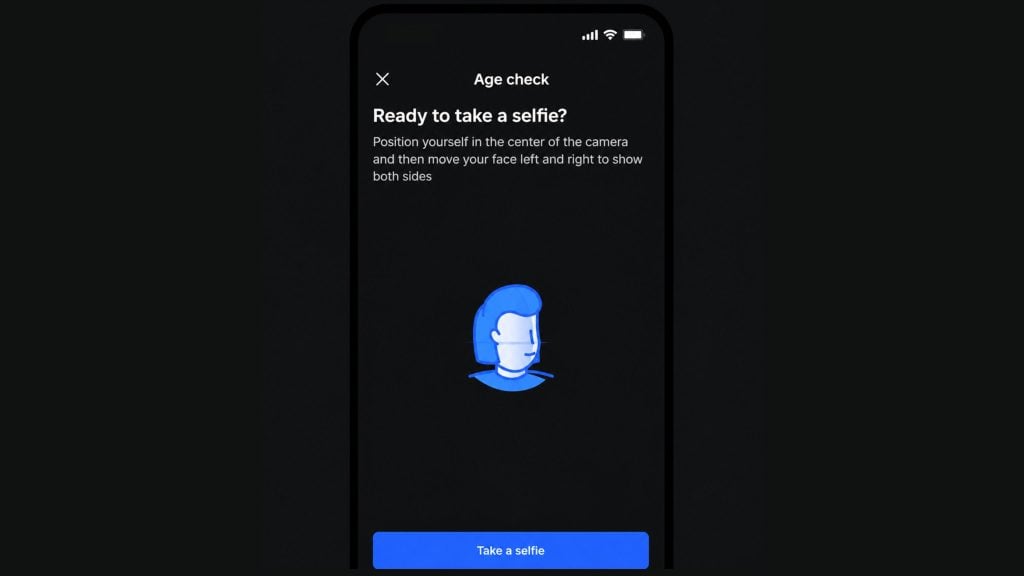 Mobile app screen titled "Ready to take a selfie?" with instructions and a blue stylized face icon and a "Take a selfie" button.