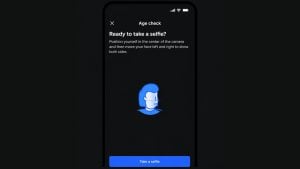 Mobile app screen titled "Ready to take a selfie?" with instructions and a blue stylized face icon and a "Take a selfie" button.