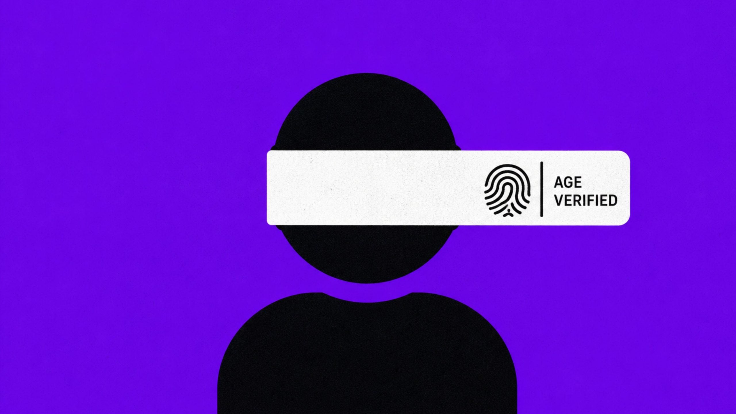 Silhouette of a person on purple background with a white band across the eyes showing a fingerprint icon and the words "AGE VERIFIED"