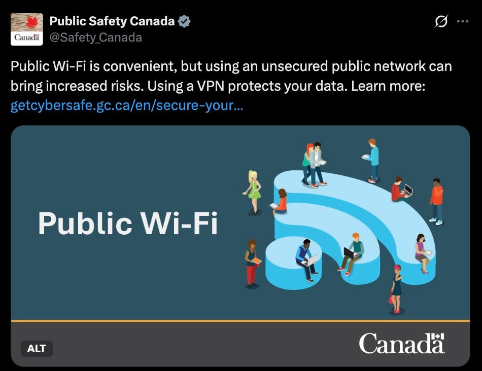 Graphic with large Wi‑Fi symbol formed as seating, diverse people using laptops and phones, text "Public Wi‑Fi" and Canada logo.