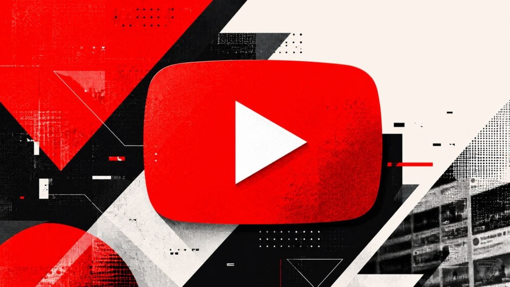 Large stylized red YouTube play button centered over abstract black, white, and red geometric textures and patterns