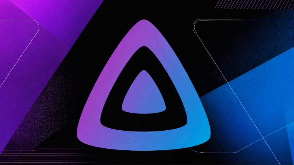 Stylized abstract graphic with concentric rounded triangle shapes in purple-to-blue gradient on a black textured background with diagonal color blocks.