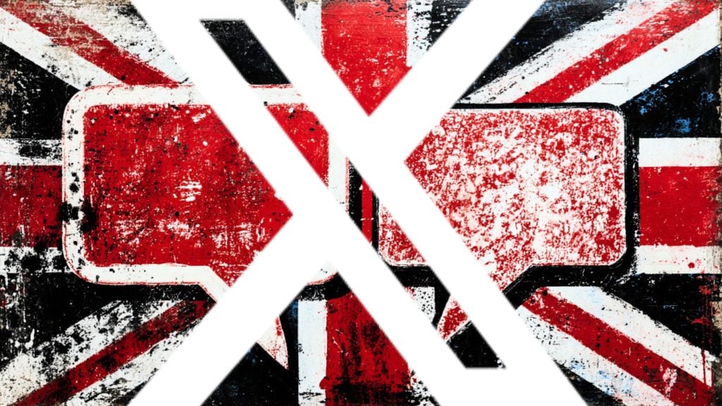 Grungy red, white and black Union Jack background overlaid with two large white X shapes and distressed speech-bubble blocks.