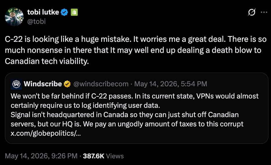 Screenshot of a tweet thread showing a verified user warning that Canadian bill C-22 looks like a huge mistake and could deal a death blow to Canadian tech viability, with an embedded Windscribe tweet about VPNs being forced to log user data if C-22 passes.