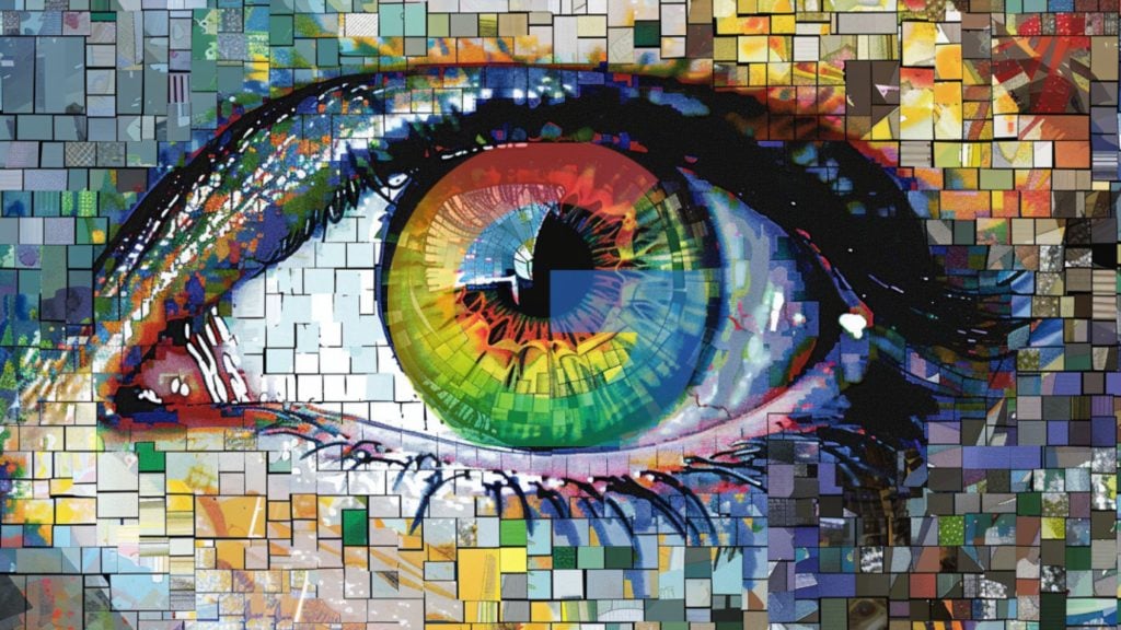 Close-up mosaic-style colorful eye with a multicolored iris, black pupil, detailed lashes, and tiled square background.