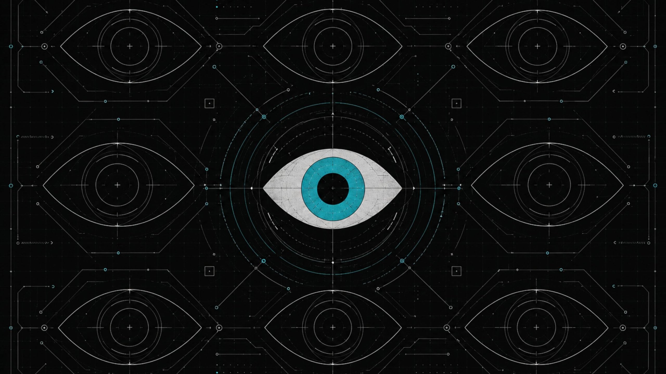 Stylized futuristic graphic of a large blue-and-white eye at center with repeated wireframe eye outlines and circuit-like lines on a dark grid background
