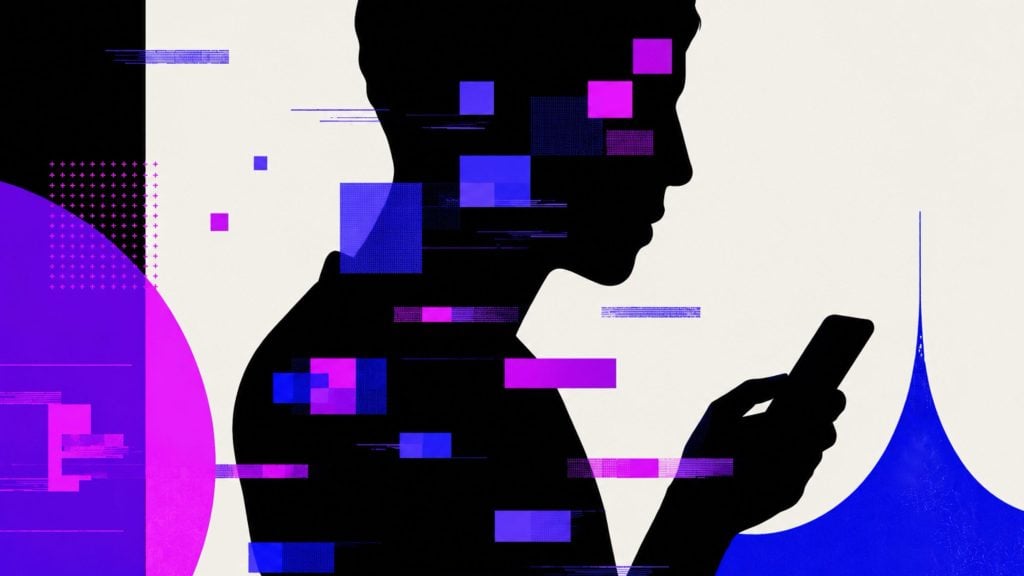 Silhouette of a person holding a smartphone with purple and blue pixelated squares and abstract geometric shapes.