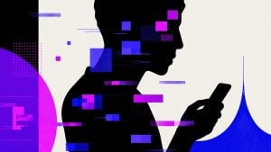 Silhouette of a person holding a smartphone with purple and blue pixelated squares and abstract geometric shapes.