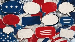 Overlapping red, white, and blue comic-style speech bubbles and thought clouds on a distressed American flag background